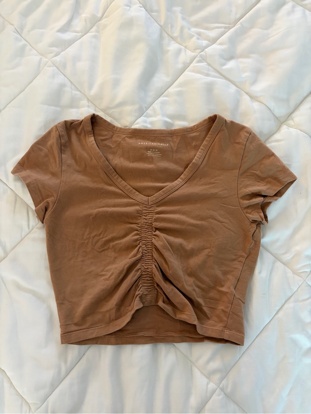 American Eagle Outfitters Ruched V-Neck Crop Top - Brown